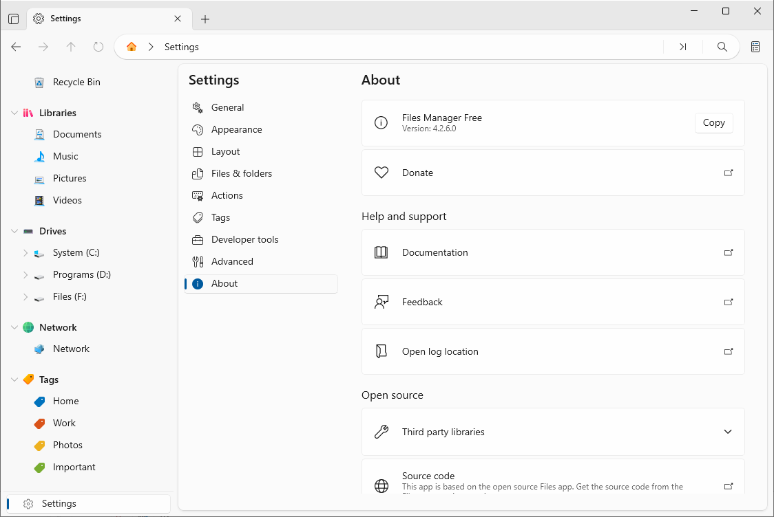 About and support settings