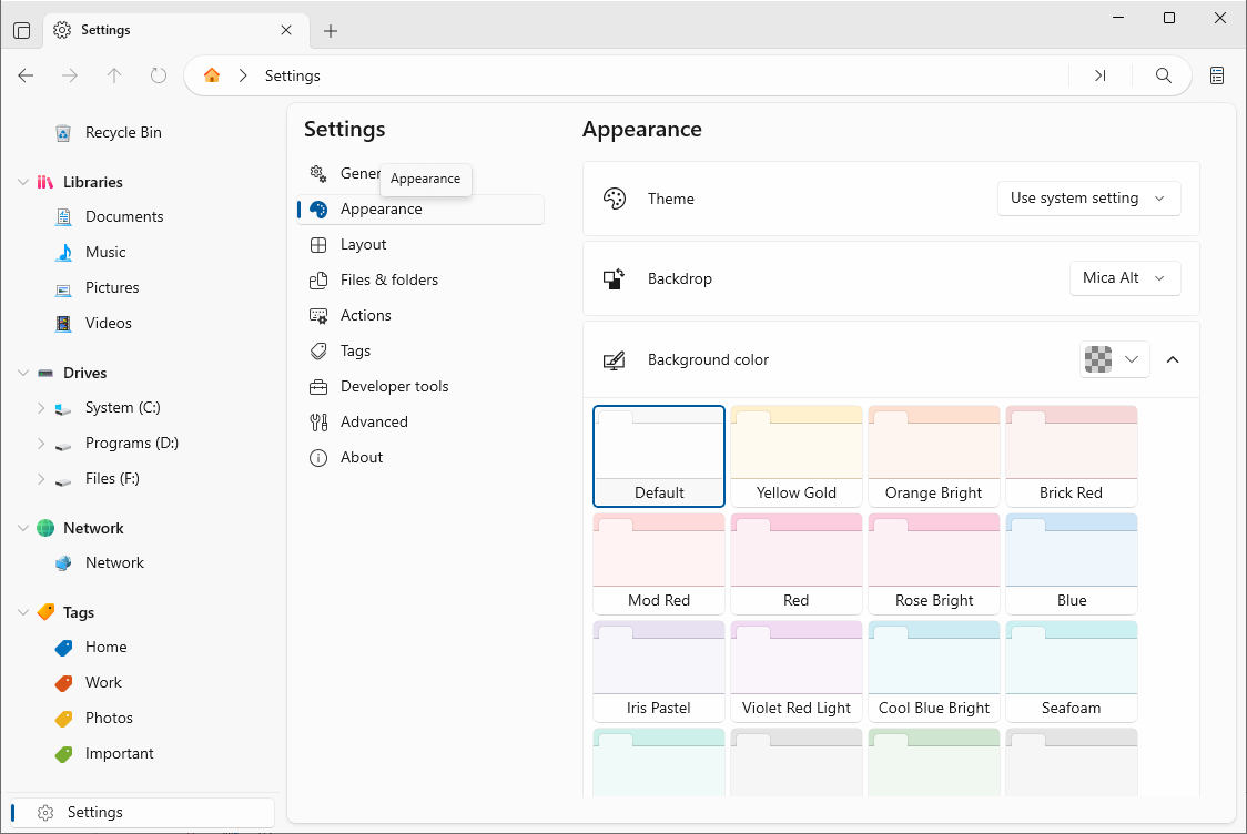 Appearance settings: theme, backdrop, and color