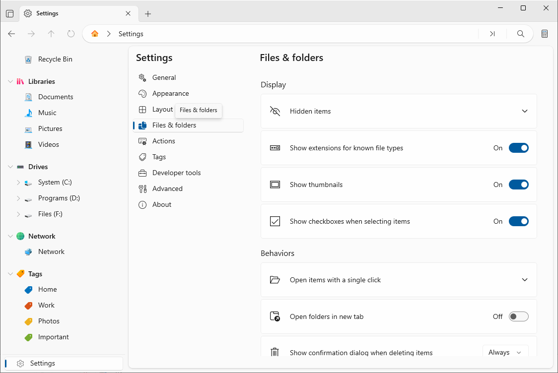 Files and Folders settings with the thumbnails option
