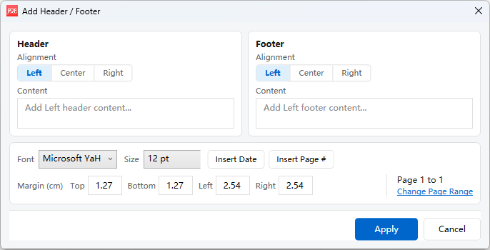Header/Footer settings dialog