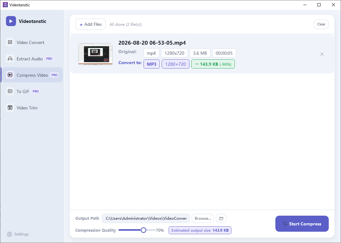 Compress Video showing a 70 percent quality slider and an estimated output size of 143.9 KB