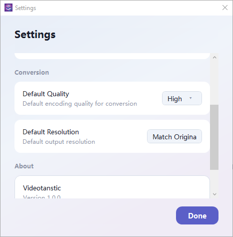 Settings showing default quality, default resolution and the About section