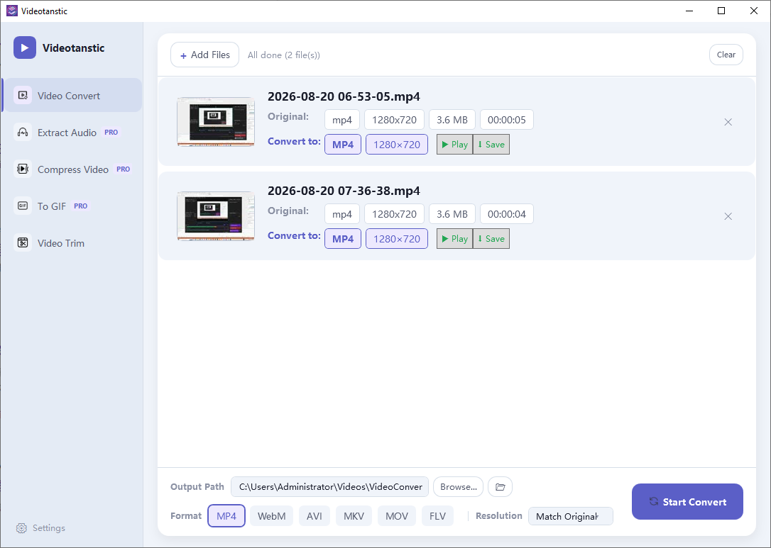 Finished conversion list showing Play and Save buttons