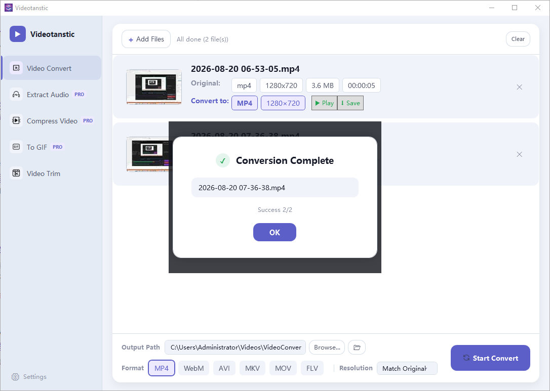 Conversion Complete dialog reporting Success 2/2